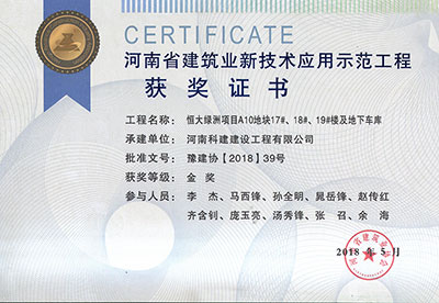“恒大綠洲項目A10地塊17#、18#、19#樓及地下車庫工程”榮獲“河南省建筑業(yè)新技術(shù)應(yīng)用示范工程”金獎